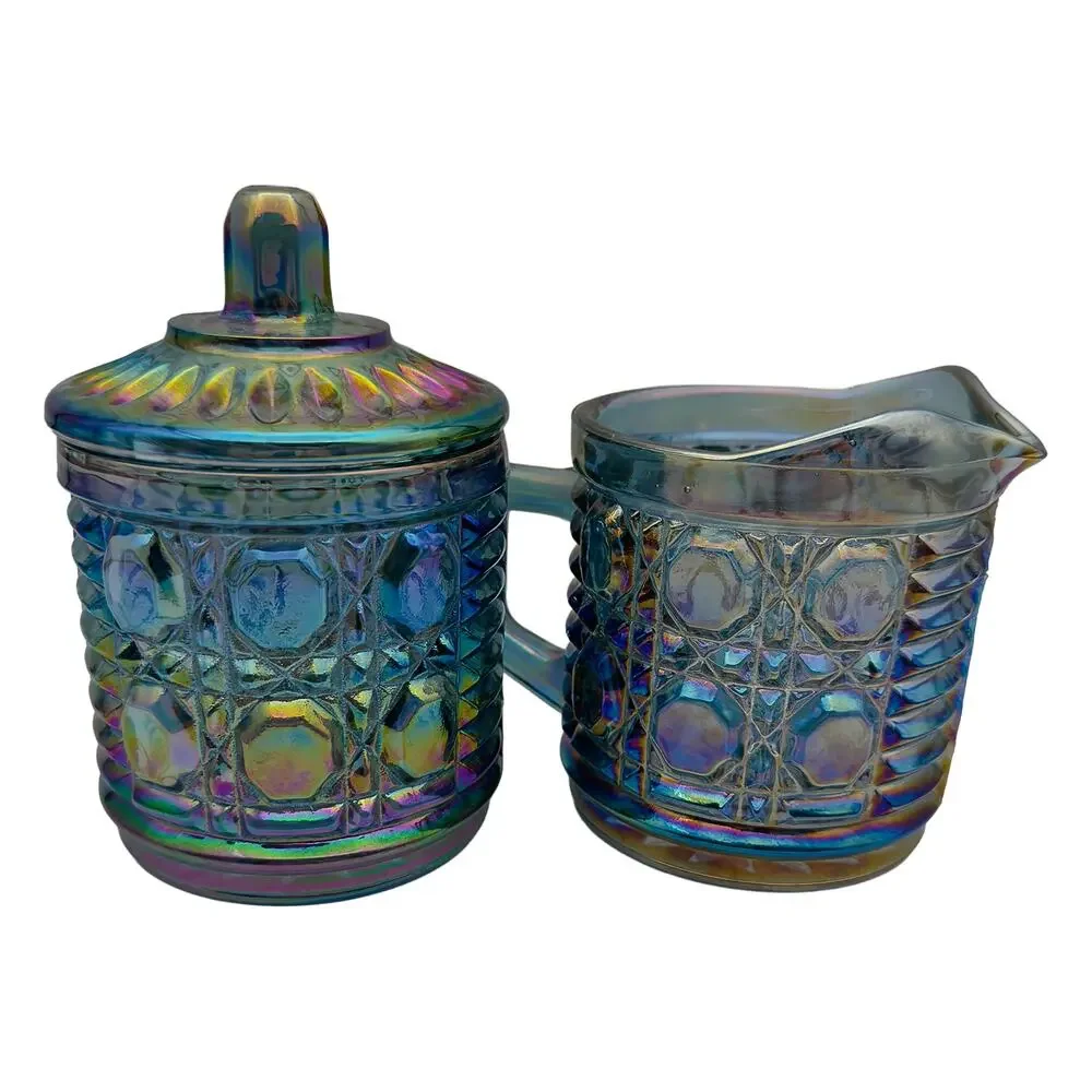Vintage Indiana Glass Carnival Iridescent Blue 3-Piece Creamer & Sugar Bowl